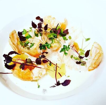 Langoustines pochées minute dans un bouillon de champignon émulsionner pomme de terre ratte confites au beurre