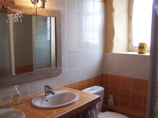 Salle d'eau avec double lavabo, toilette et cabine douche GP