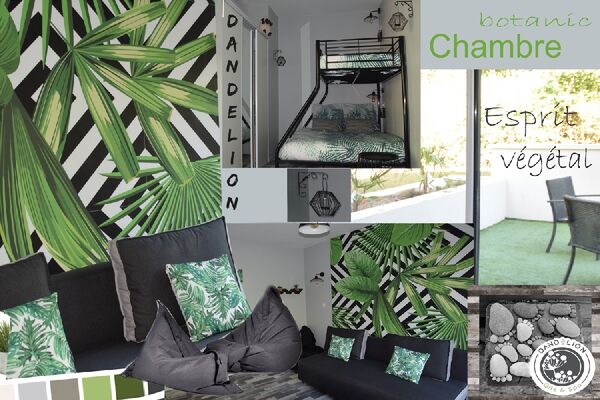 Chambre Botanic avec lit superposé 90 et 140, canapé convertible terrasse avec relax