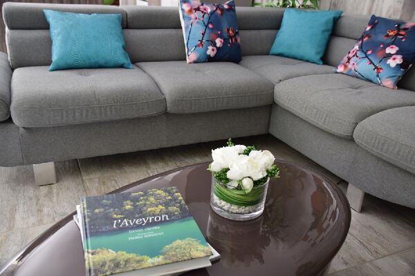 salon chaleureux avec canapé confortable gite Dandelion Aveyron