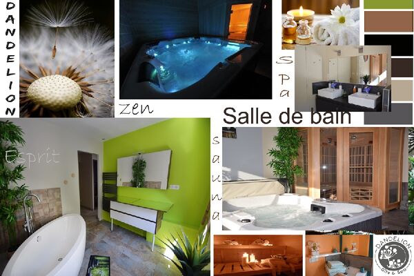 3 salles de bain avec douches hydromassantes, baignoire îlot design, robinet à led, jacuzzi et sauna gîte Dandelion