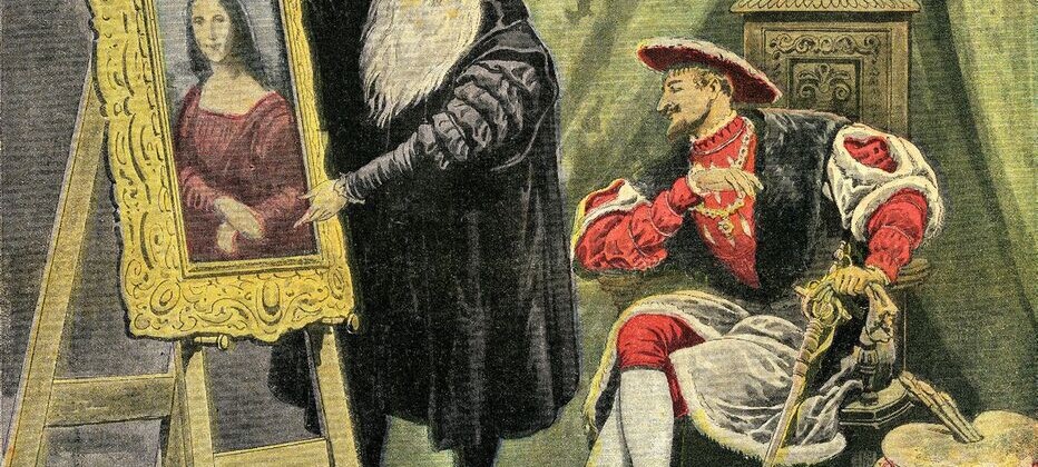 Sur cette gravure de 1913, Léonard de Vinci présente sa « Joconde » à François Ier. Le roi l’achètera à l’artiste. GusmanLeemage (1).jpg
